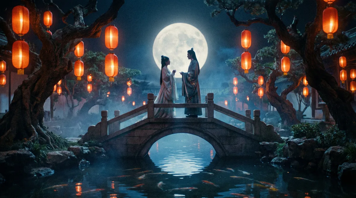 糖心vlog古典爱情片拍摄剧照-月下花园场景